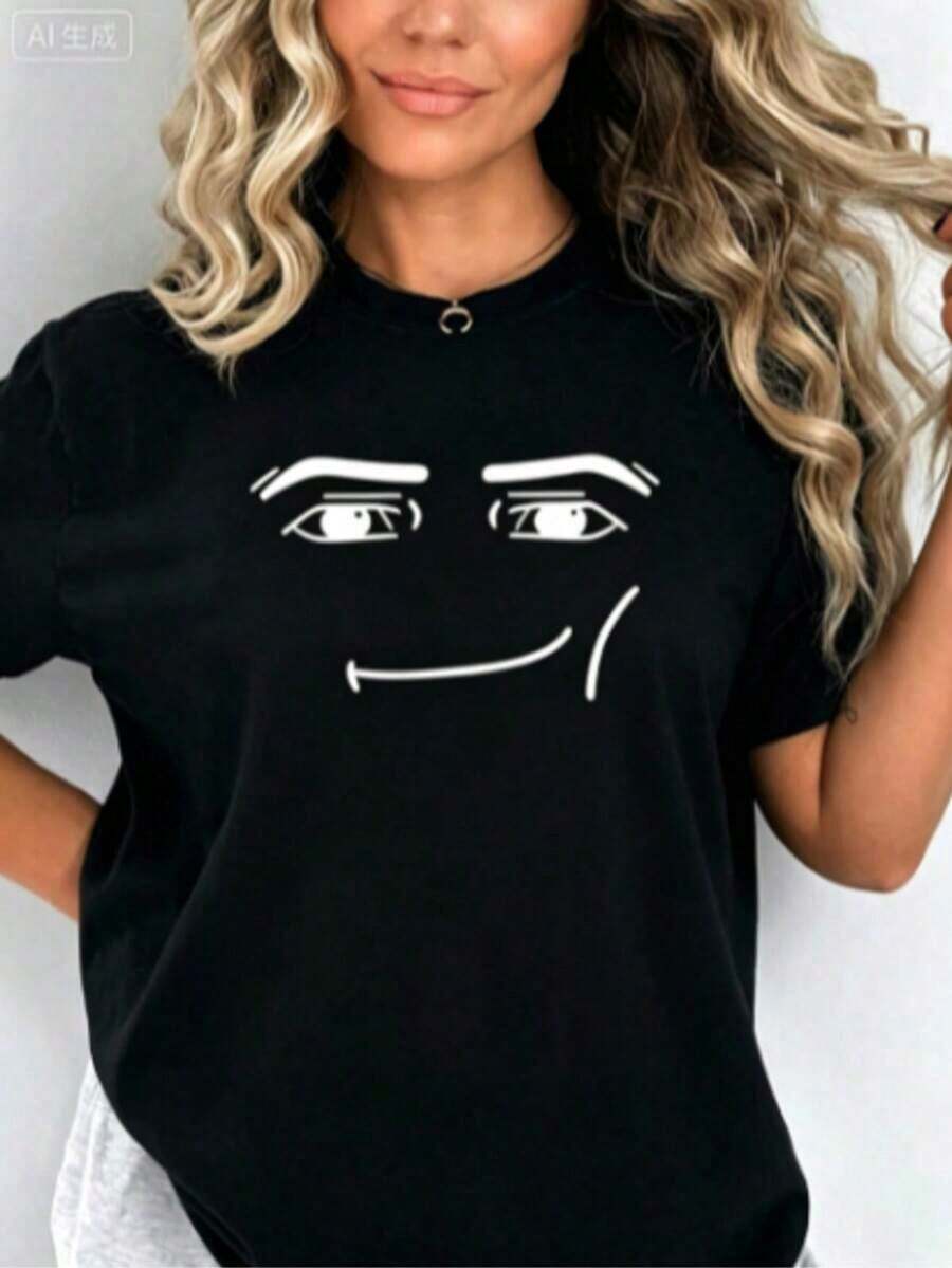 Camiseta con diseño de cara de dibujos animados FunnyAnime para mujer, camiseta gráfica de manga corta con cuello redondo, estilo casual, ropa de calle Harajuku, top básico de color sólido para el verano. - Negro - Ver 1