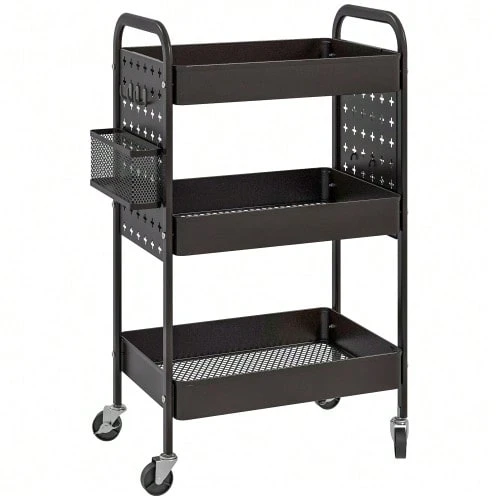Serving Trolley With Wheels, 3 Shelves And 2 Hanging Baskets, Kitchen Trolley With Handle, Black Steel For Kitchen And Dining Room. - Black - View 1