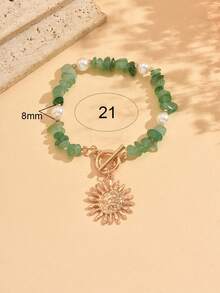 1 pieza Tobillera con colgante de sol estilo bohemio, joyería para el pie con tono dorado, decorada con piedras verdes y perlas falsas, adecuada para uso diario, vacaciones de verano, fiestas, festivales de música. El tamaño y la cantidad de piedras verdes son aleatorios. - Multicolor - Ver 4