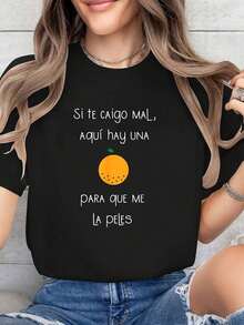 Women's Black Graphic T-Shirt - Funny Spanish Phrase And Orange Design - Lightweight Casual Top For Summer, Parties, Travel - Machine Washable T-Shirt For Everyday Wear, Party Wear, Vintage Style, Versatile Clothing - 黑色 - 查看 1