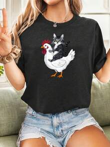 Women's Casual Short Sleeve T-Shirt With Cat And Rooster Print - Round Neck Blouse, Medium Elasticity Fabric Suitable For All Seasons, Machine Washable, Comfortable Essential Garment For Everyday Wear - Black - View 6