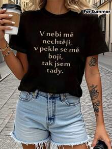 Women's T-Shirt With Letter Print "Czech Sky Doesn't Want Me, Hell Fears Me, So I'm Here", Short Sleeve, Round Neck, Casual Top For Summer And Spring, Women's Clothing - 黑色 - 查看 1