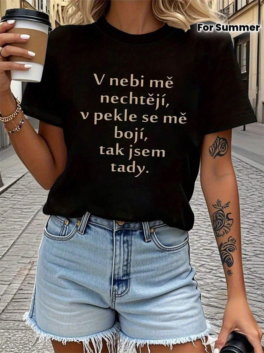 Women's T-Shirt With Letter Print "Czech Sky Doesn't Want Me, Hell Fears Me, So I'm Here", Short Sleeve, Round Neck, Casual Top For Summer And Spring, Women's Clothing - 黑色 - 查看 1
