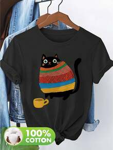 Women's Casual Short Sleeve T-Shirt With Fun Cat And Coffee Cup Print, Striped Art Design, Machine Washable, Spring-Summer Top NC-11923, Everyday Wear, Breathable Fabric - 黑色 - 查看 1