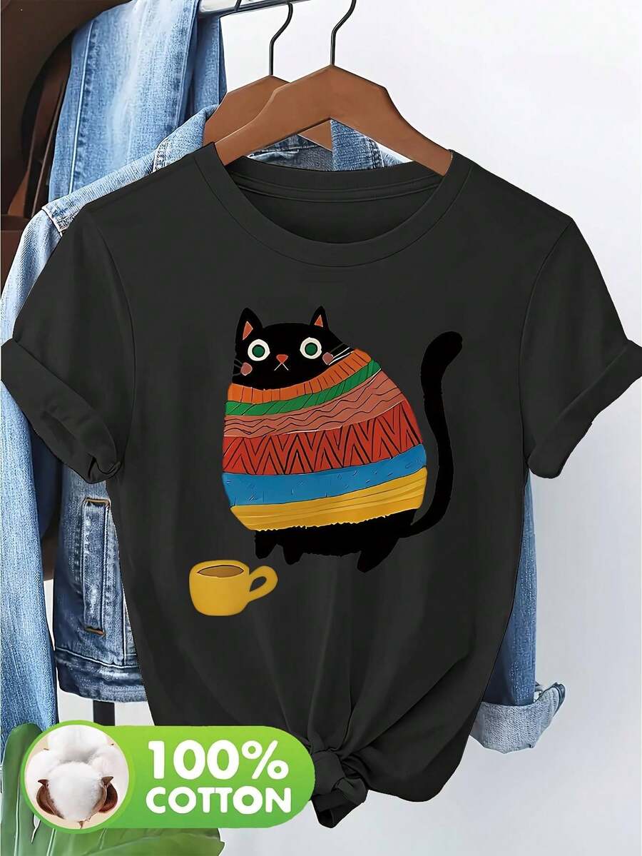 Women's Casual Short Sleeve T-Shirt With Fun Cat And Coffee Cup Print, Striped Art Design, Machine Washable, Spring-Summer Top NC-11923, Everyday Wear, Breathable Fabric - 黑色 - 查看 1