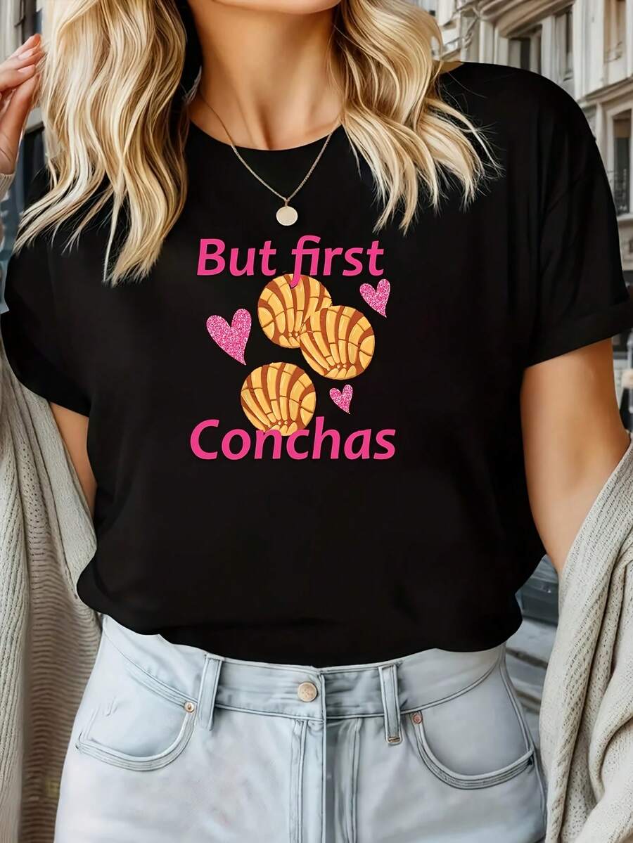 Women's "ButFirstConchas" T-Shirt With Shell Cookie Print - Short Sleeve In Black With Sweet Shell Design, Casual T-Shirt For Lovers Of New Mexico Desserts And Shell Pictures, Women's Clothing - 黑色 - 查看 1