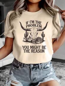 2026if i'm the problem Camiseta de manga corta casual para mujer con estampado de cabeza de toro y cactus del desierto, moda de verano - Albaricoque - Ver 1