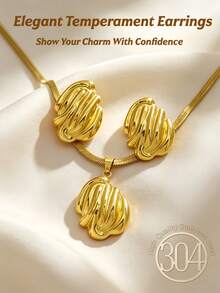 3pcs/Set Exquisite Gold Pendant Necklace And Earrings Set, Summer Fashion Minimalist Women's Jewelry Set, Geometric Asymmetrical Texture Design, Unique Texture Design, Minimalist Daily Wear Jewelry Gift Set - Non-Fading Stainless Steel Jewelry Set - Jewelry Set - View 1