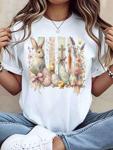 Short-Sleeved T-Shirt With Easter Bunny And Egg Floral Design, Cute Animal Print For Spring Holidays, Casual Top For Women, Gift Clothing For Easter Celebration, Summer T-Shirt. - 白色 - 查看 1