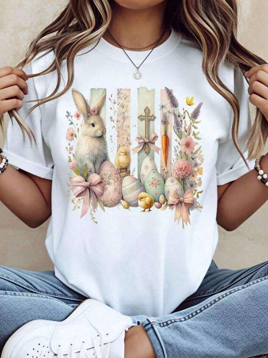 Short-Sleeved T-Shirt With Easter Bunny And Egg Floral Design, Cute Animal Print For Spring Holidays, Casual Top For Women, Gift Clothing For Easter Celebration, Summer T-Shirt. - 白色 - 查看 1