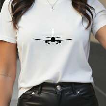 Airplane Graphic Print T-Shirt - Summer Casual Short-Sleeved Sportswear, Soft, Breathable And Comfortable, Made Of A Polyester Blend, Easy To Care For, Quick-Drying, Suitable For Outdoor Activities And Casual Wear, Casual Style, A/Global/All. - 白色 - 查看 7