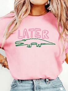 Women's Funny T-Shirt With Crocodile Print And The Phrase "Later" - Sarcastic Graphic Tee In White And Pink - Lightweight T-Shirt For Everyday Wear - Machine Washable Casual Top, All-Season Clothing, Funny Design T-Shirt, Comfortable Fit T-Shirt - Breathable Crew Neck Print T-Shirt For All Seasons - 粉色 - 查看 1