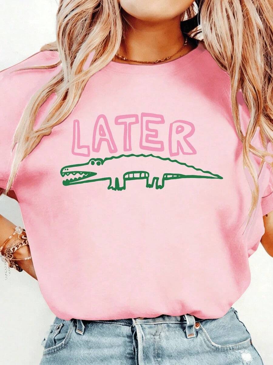 Women's Funny T-Shirt With Crocodile Print And The Phrase "Later" - Sarcastic Graphic Tee In White And Pink - Lightweight T-Shirt For Everyday Wear - Machine Washable Casual Top, All-Season Clothing, Funny Design T-Shirt, Comfortable Fit T-Shirt - Breathable Crew Neck Print T-Shirt For All Seasons - 粉色 - 查看 1