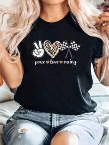 Cotton T-Shirt With Peace Love Racing Print For Women, Men, And Children, Casual, Comfortable, Short Sleeve, Crew Neck, For Spring And Summer, 100% Cotton. Women's Blouses/Shirts - 黑色 - 查看 1