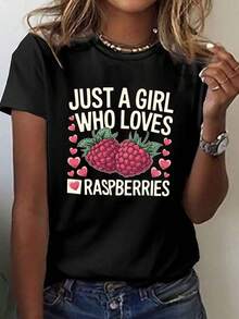 Women's Casual T-Shirt, With A Design Inspired By Raspberries To Show Affection For The Berries, Suitable For Casual Wear In Warm Seasons. - 黑色 - 查看 1