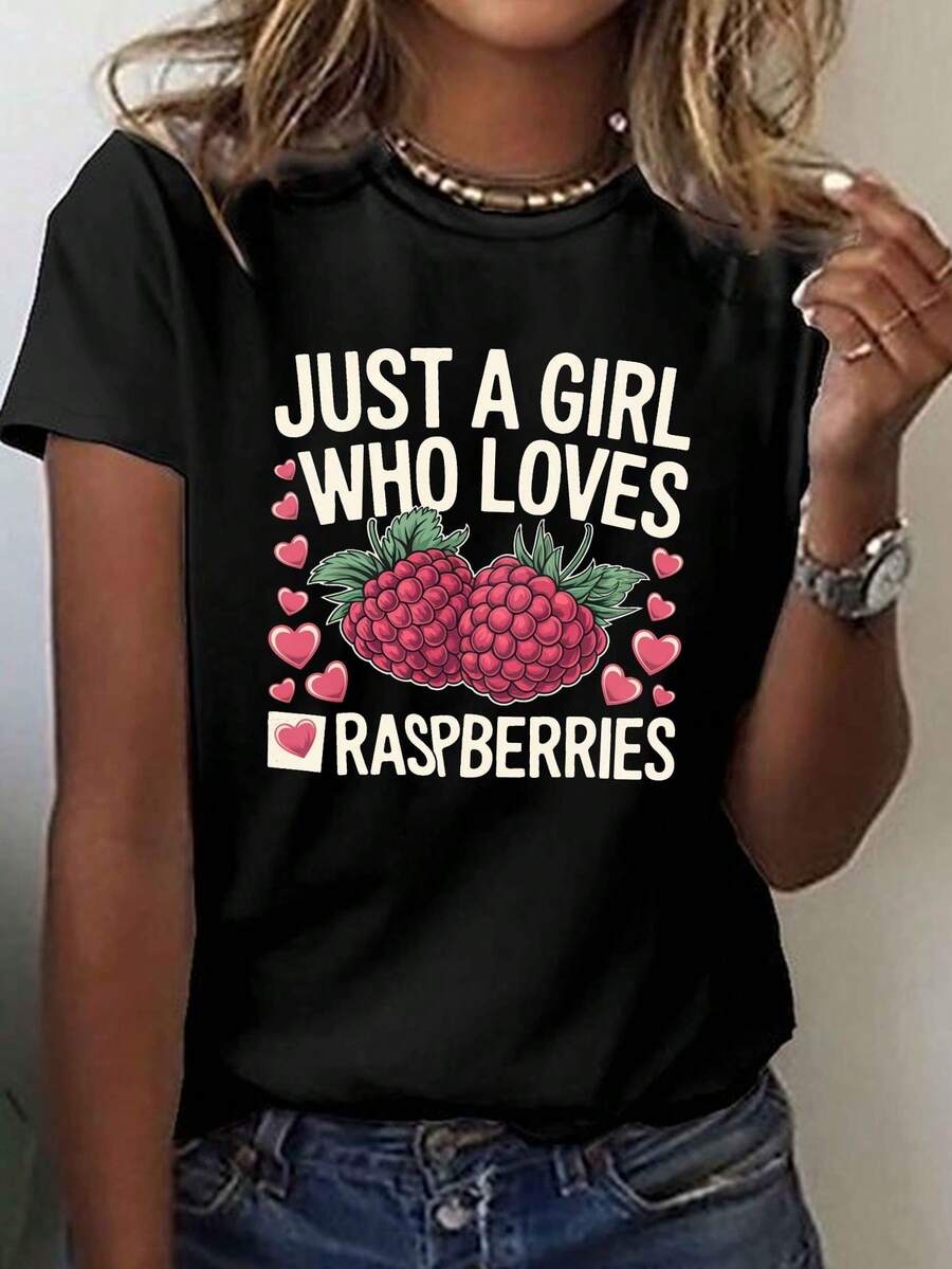 Women's Casual T-Shirt, With A Design Inspired By Raspberries To Show Affection For The Berries, Suitable For Casual Wear In Warm Seasons. - 黑色 - 查看 1