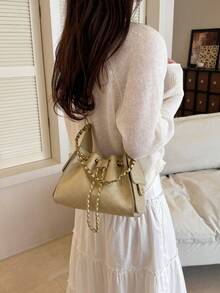 Rhombus Pattern Women's Large Capacity Shoulder Crossbody Drawstring Bucket Bag, Commuter Handbag - Gold - View 3