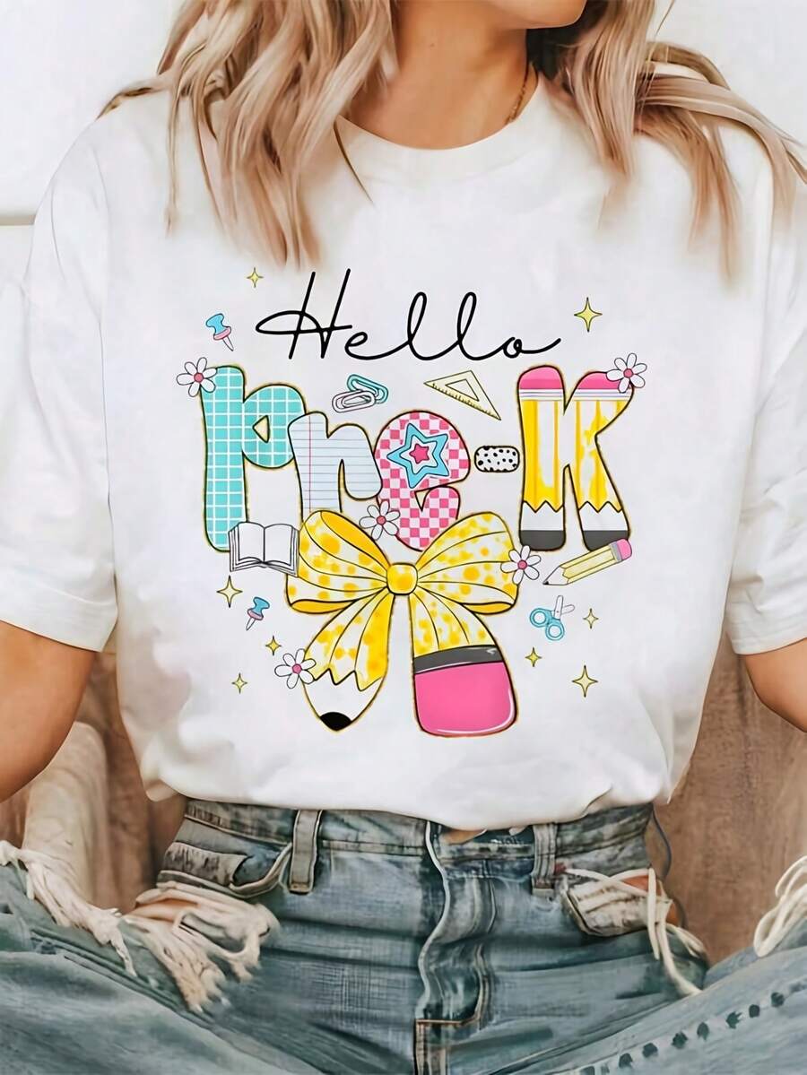1 Unisex Women's T-Shirt With The Phrase "Hello Kindergarten Teacher" - With Fun Pencil, Bow And Preschool Education Symbols, Soft And Breathable Short Sleeves, A Great Choice For Teacher's Day Gifts, Machine Washable, Comfortable Fit, 180g 100% Cotton. - 白色 - 查看 1
