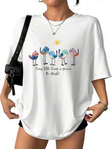 Men's And Women's Casual Cotton T-Shirts For Spring/Summer, Featuring A Cute Bird Print And The Phrase "Everything Will Be Alright." Soft And Comfortable Fabric, Casual And Versatile Style, Perfect For Summer Wear, Great For Gifting, Available At Local Stores. NHWP - 白色 - 查看 11