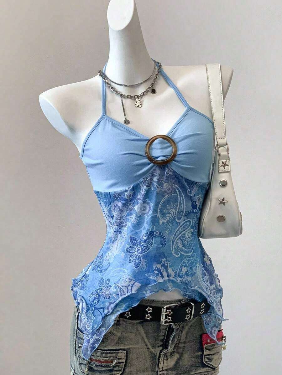 Blusa casual de mujer con cuello de corbata y estampado de anacardo, versátil para uso diario - Azul - Ver 1