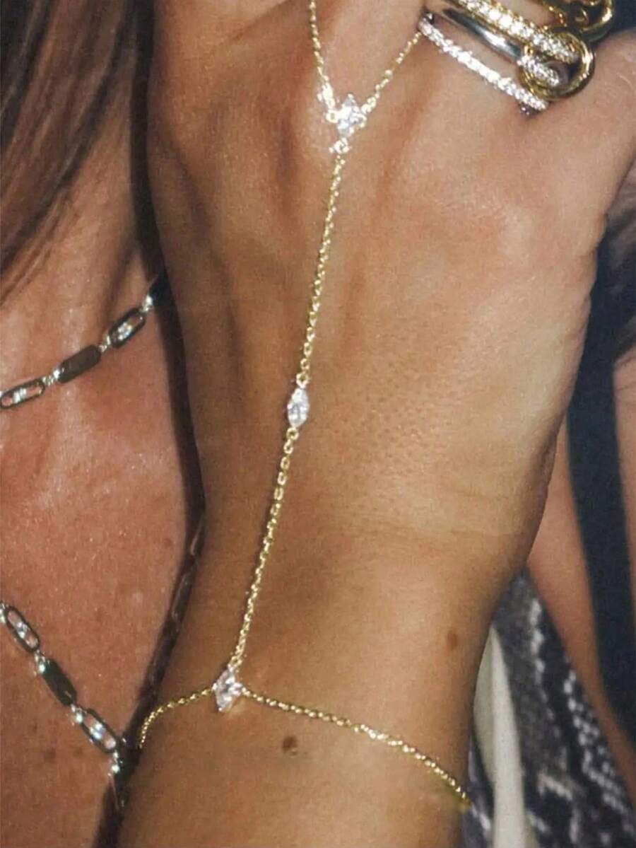 1pc Minimalist Crystal Leaf Linked Finger Chain, Bridal Wedding Finger Bracelet - Gold - View 1