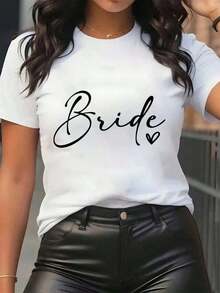 Nuevas llegadas para el verano. Camiseta de mujer con estampado de "Bride" y símbolo de corazón, cuello redondo, uso diario casual, suave y cómoda, ideal para celebraciones de boda. Blusa, camisa > Hermosa. - Blanco - Ver 12