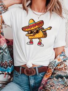 Women's T-Shirt: YS031630 Mexican Style, Carnival Under The Sun, Party Spirit, Happy Moments, Celebration Time, Mexican Themed Letter Print T-Shirt, Casual Short Sleeve Round Neck Top For Summer And Spring, Women's Tops. - 白色 - 查看 1