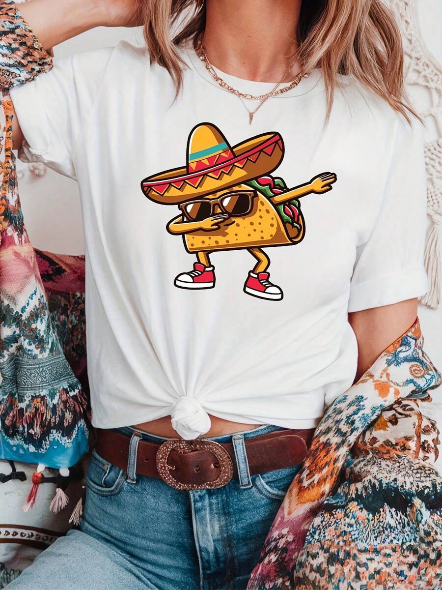 Women's T-Shirt: YS031630 Mexican Style, Carnival Under The Sun, Party Spirit, Happy Moments, Celebration Time, Mexican Themed Letter Print T-Shirt, Casual Short Sleeve Round Neck Top For Summer And Spring, Women's Tops. - 白色 - 查看 1