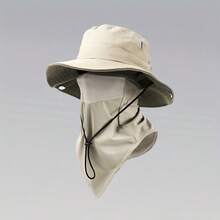 (Hat + Face Mask) Outdoor Wide-Brimmed Sun Hat, Solid Color, Foldable Brim, Beach Fishing Hat, Suitable For Beach Fishing, Hiking, Outdoor Work, Breathable, Drawstring Closure, Elastic Breathable Mesh Ice Silk Face Mask Can Block Mosquitoes. - Multicolor - View 15