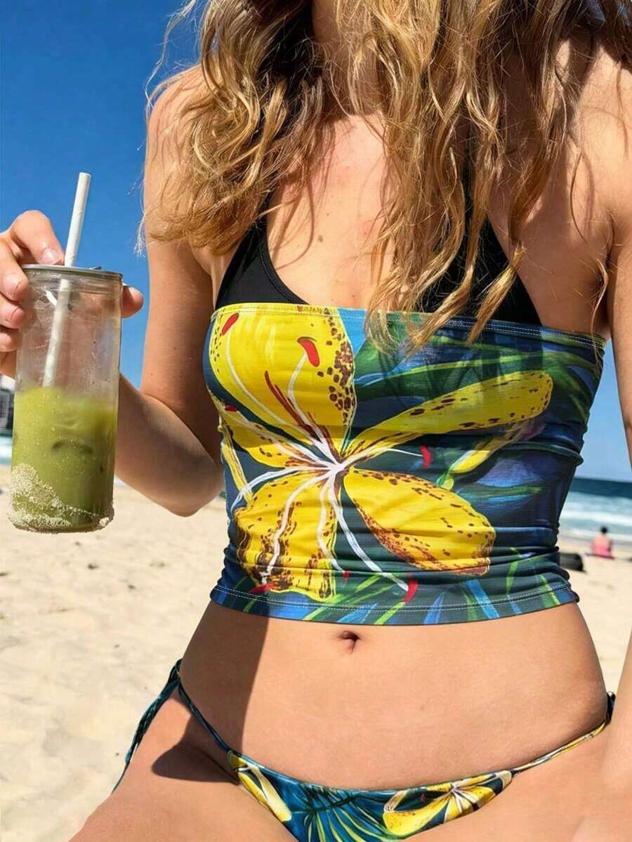 Top halter con estampado de frutas, diseño sin espalda, estilo casual de vacaciones, chaleco de 2 en 1 con bloques de color, adecuado para fiestas, citas, playas, carnavales y otras ocasiones, la elección perfecta para el verano.Top de playa, ro - Multicolor 12 - Ver 1