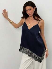 Camiseta elegante y sexy de mujer con estampado de leopardo y encaje en contraste, camiseta de estampado de leopardo elegante, top de fiesta, atuendos de playa y vacaciones para mujeres, top para salir - Azul marino - Ver 4