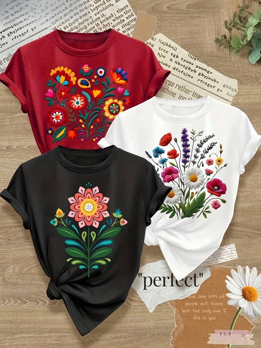 Women's T-Shirts, Women's T-Shirts, 1 Piece Women's Bohemian Style Print Short Sleeve T-Shirt - Loose Summer Top With Round Neck, Plus Sizes 1XL-5XL, Machine Washable, Suitable For Casual Holiday Wear, Artistic Design, Breathable Fabric, Soft Material, Multi-Pack T-Shirts, Suitable For Casual Wear. - 1件白色隨機圖案 - 查看 1