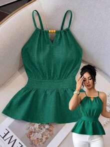 Chaleco ajustado sin mangas con diseño de cremallera y decoración de cuentas de madera con tirantes finos en color verde elegante para mujer, primavera/verano - Verde - Ver 1