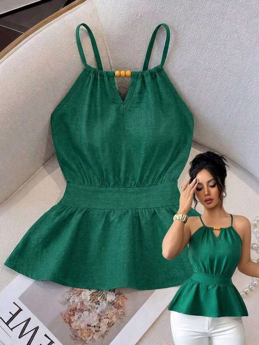 Chaleco ajustado sin mangas con diseño de cremallera y decoración de cuentas de madera con tirantes finos en color verde elegante para mujer, primavera/verano - Verde - Ver 1