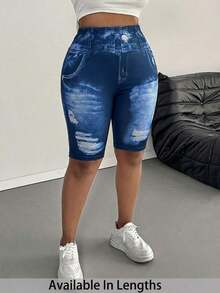 Leggings básicos de color liso para mujer de talla grande, apropiados para shorts de verano hasta la mitad del muslo, adecuados para personas de estatura talla grande baja, leggings de cintura alta, para uso diario, ocio, deportes, vera - Azul y blanco - Ver 5