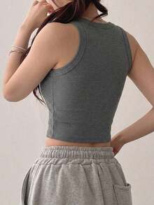 Top corto de mujer de unicolor negro ajustado para gimnasio - Gris - Ver 3