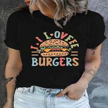 1 pieza, camiseta de manga corta de algodón puro clásica y versátil, ideal para usar en cualquier estación, con estampado de hamburguesa femenino, estilo moderno.jpg - Negro - Ver 2