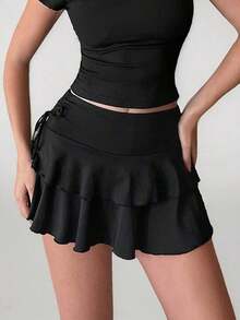 Tall Falda de pastel con cintura de cordón para el verano - Negro - Ver 3