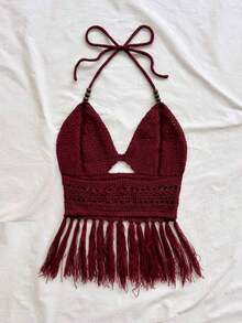 Top de punto con cuello de halter, bajo con flecos y cuentas para mujer, adecuada para vacaciones, citas, té de la tarde, playa, crucero, viaje a la ciudad, temporada de bodas, festival de música, vacaciones bohemias - Burdeos - Ver 2