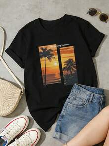 Women's Soft And Casual Short-Sleeved T-Shirt With A Round Neck, Featuring A Sunset Palm Tree Print On The Beach. White. - 黑色 - 查看 2