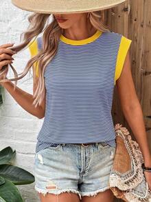 Camiseta casual de mujer con bloques de color y rayas, de verano - Azul - Ver 3