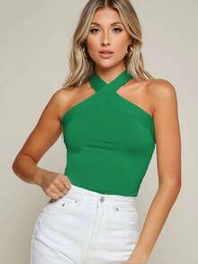 Top halter delgado unicolor con tiras cruzadas - Verde - Ver 1