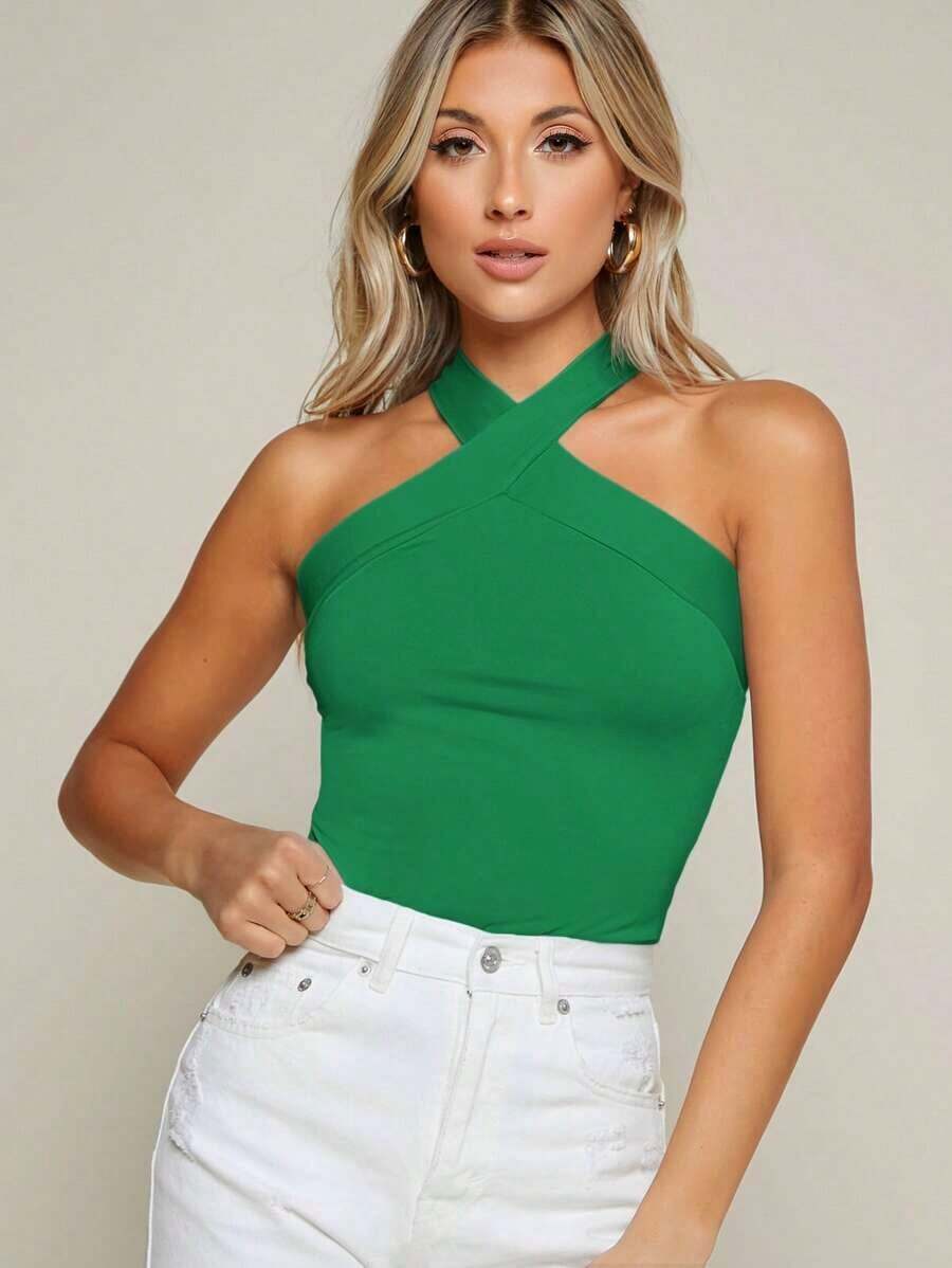 Top halter delgado unicolor con tiras cruzadas - Verde - Ver 1