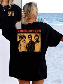 Artistic Portrait Evoking A Golden Age Of Rock, Showcasing Four Iconic Figures Against A Sepia Background With Red Lettering That Conveys Energy And Nostalgia. Women's T-Shirt With Double Print For A Modern And Authentic Look. - 黑色 - 查看 8