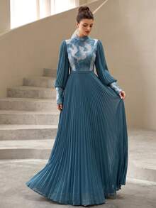 High-End Mandarin Collar, Fashion Patchwork Custom Floral Fabric Design, Elegant Long Sleeve Maxi Dress With Ruched Hem, Soft Fabric Suitable For Banquet, Evening Party, Gathering Wedding - Light Wash - View 2