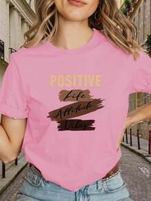 Y2K Style T-Shirt For Women With Oversized Geometric Logo Print And "Positive Lifestyle Attitude, Brown Letters" Design - Slim Fit Short Sleeve Top, Casual Summer Shirt In Black And Gold, Machine Washable Stretch Fabric (Anti-Wrinkle) - 100% Cotton. - 黑色 - 查看 8