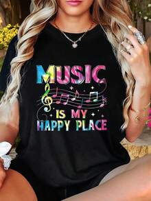 Plus Size - Plus Size - The Joyful Kingdom Of Music, Where Melodies Bring Happiness. A Stylish And Casual Women's Crew Neck T-Shirt With Music-Themed Prints And Designs, Perfect For Spring And Summer. - 黑色 - 查看 2