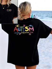 Vibrant Colors Celebrating Acceptance And Understanding Of Autism With Positive Words And Symbols Of Hope To Inspire Empathy Every Day. Comfortable, Casual, Reversible Women's T-Shirt For Summer. - 黑色 - 查看 8