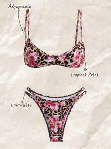 Set de 2 piezas Bikini de tirantes finos con estampado aleatorio para mujer, verano - Multicolor 11 - Ver 3