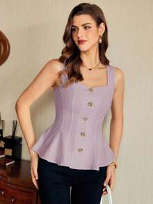 Blusa de mujer vintage, elegante y clásica, con cierre de botones metálicos con forma de flor, blusa sin mangas blanca, para primavera/verano - Púrpura malva - Ver 3